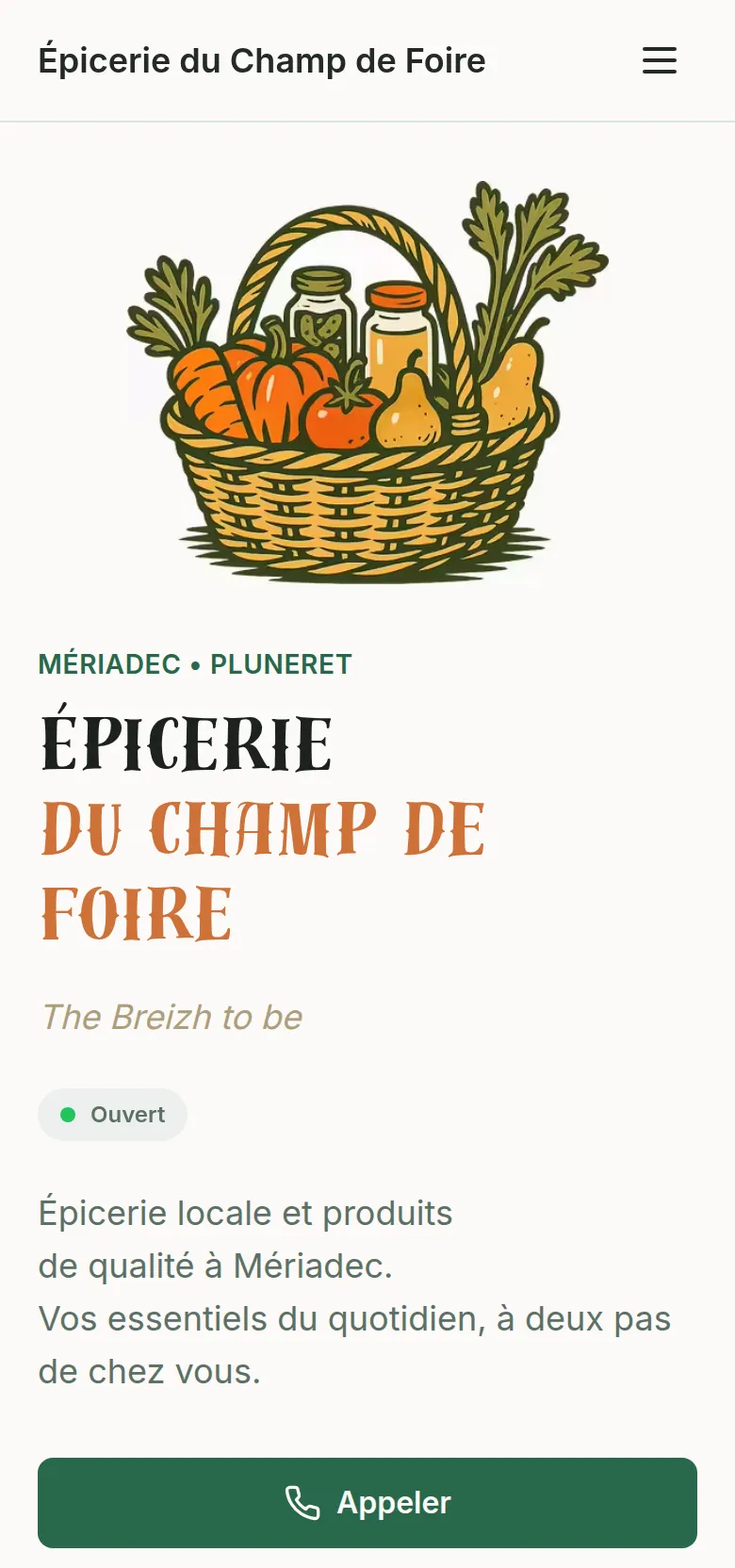 Le site de l'Épicerie du Champ de Foire sur un téléphone, avec le badge Ouvert et le bouton Appeler