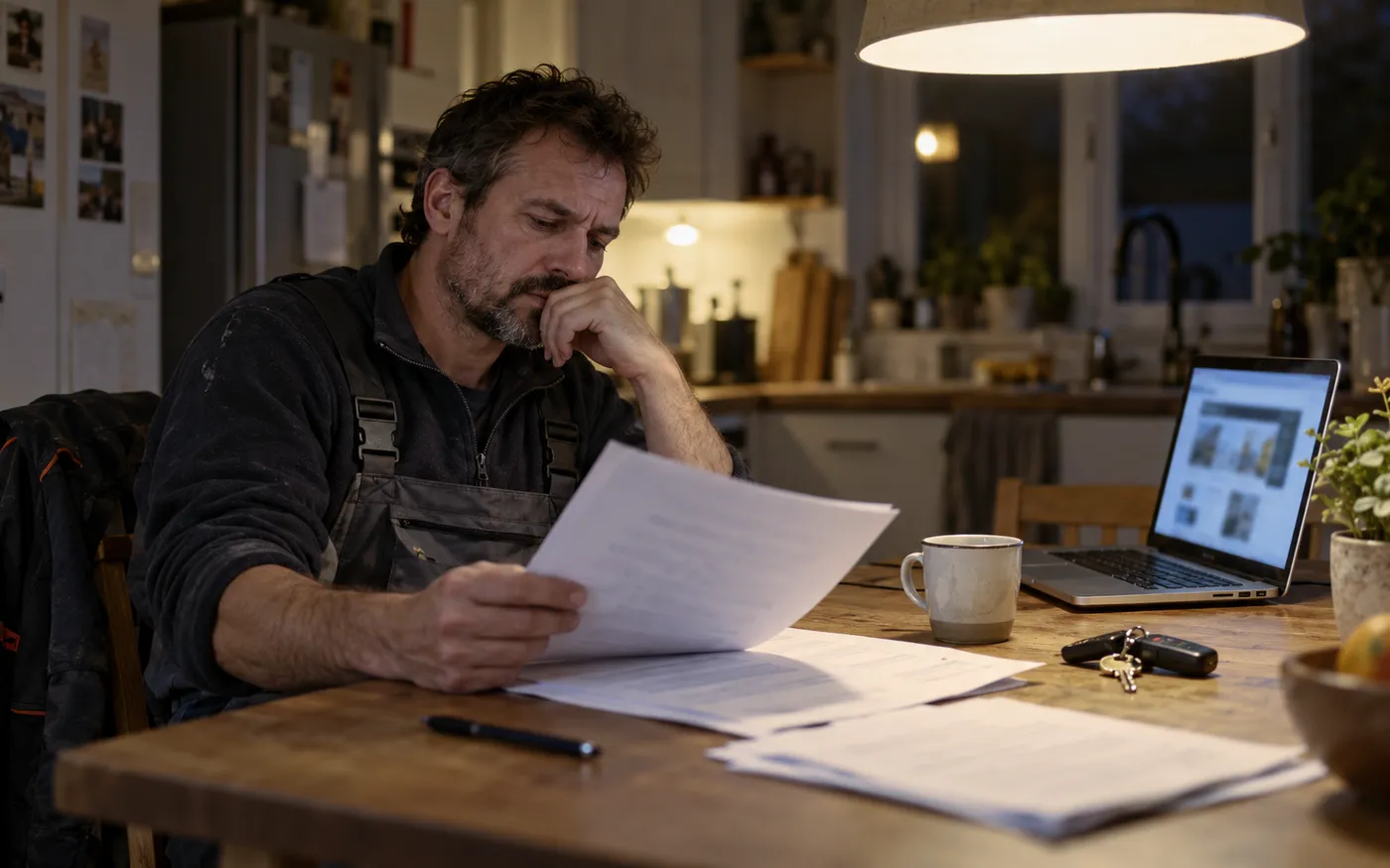 Un artisan relit son contrat le soir, à la table de sa cuisine