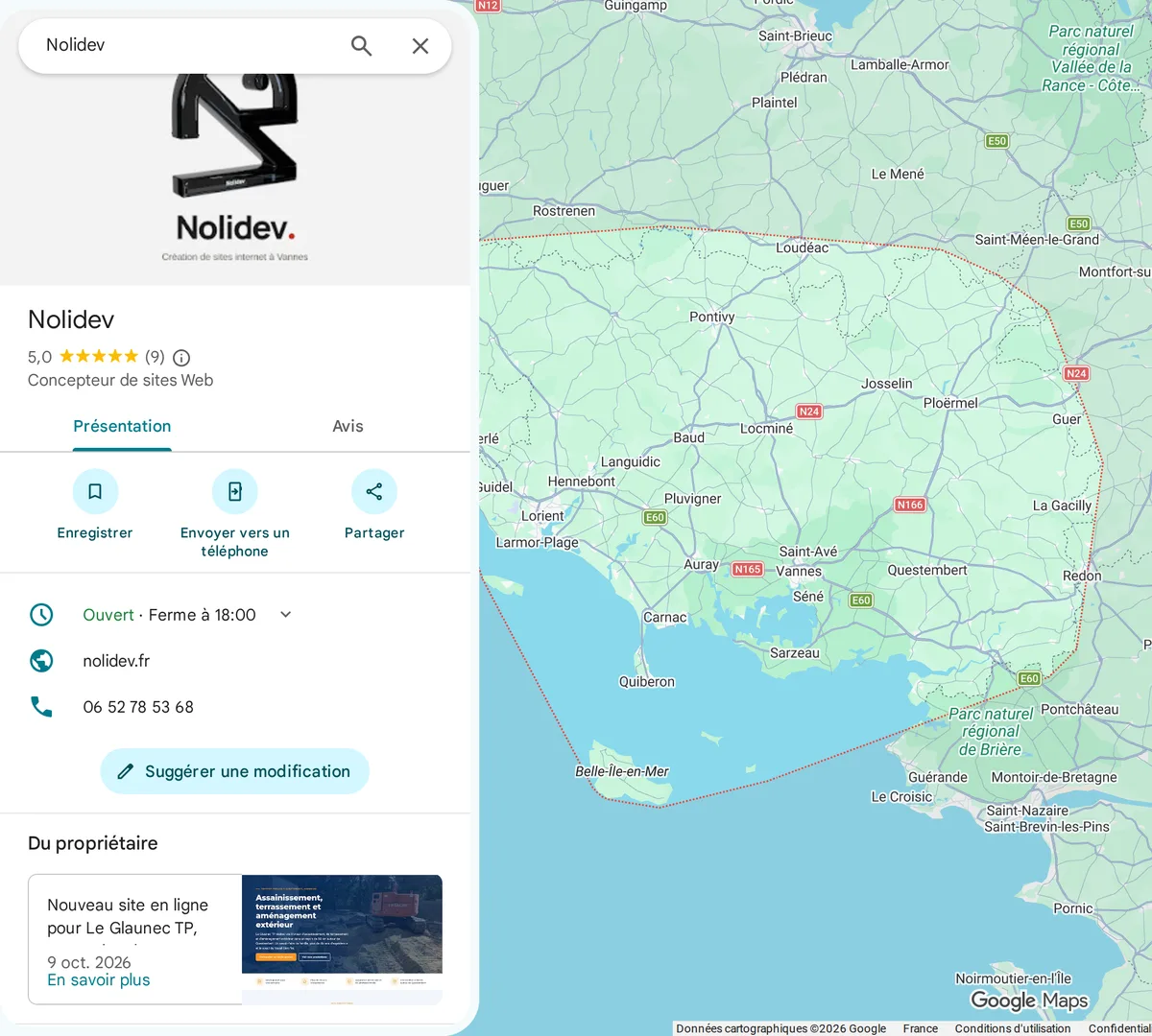 La fiche Google de Nolidev sur Google Maps : catégorie Concepteur de sites Web, note de 5 sur 5, horaires, site, téléphone et zone desservie autour du Morbihan