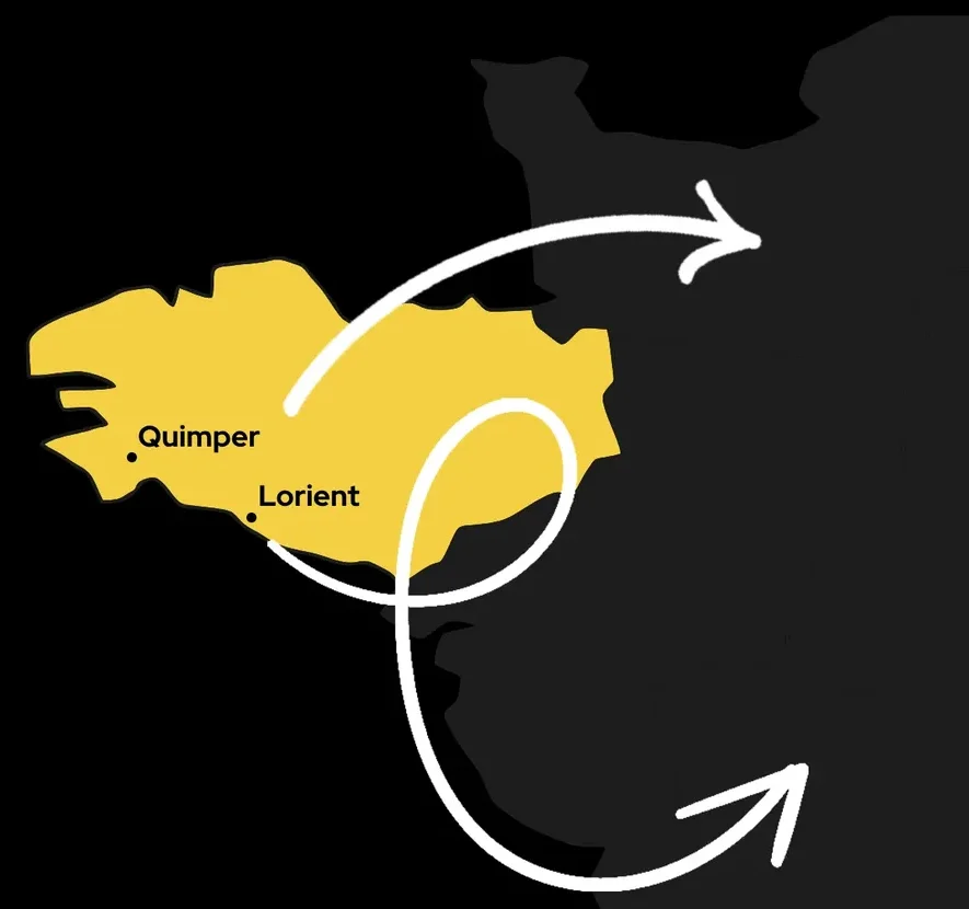 La carte des bureaux de Butter prod : la Bretagne en jaune, Quimper et Lorient, et des flèches vers le reste de la France