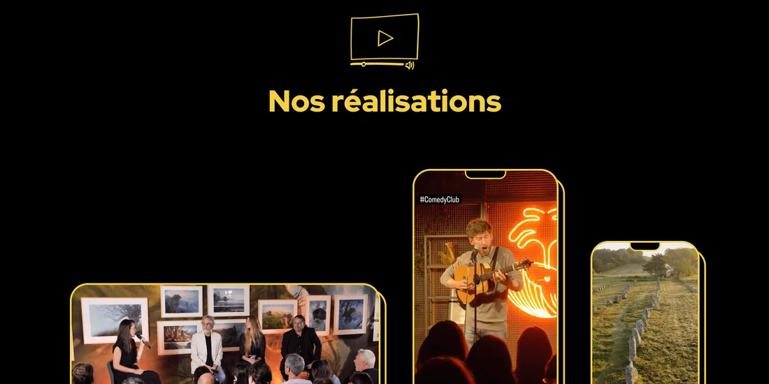 La section Nos réalisations dans la maquette de Cyril Conton : des vidéos dans des cadres de téléphone et de paysage