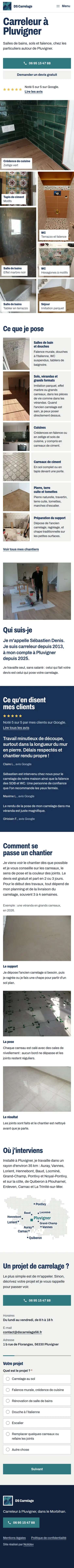 Page d'accueil complète du site DS Carrelage sur téléphone, avec l'en-tête toujours visible en haut et la barre d'appel et de devis en bas