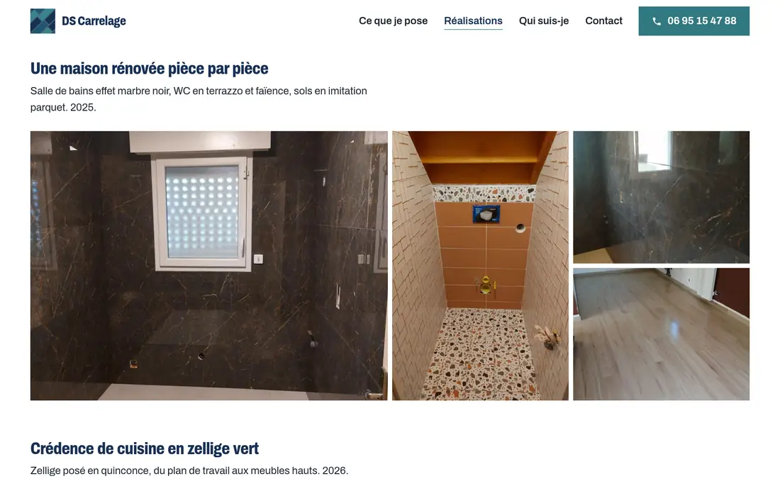 La page Réalisations, avec ses chantiers présentés un par un, photos et description.
