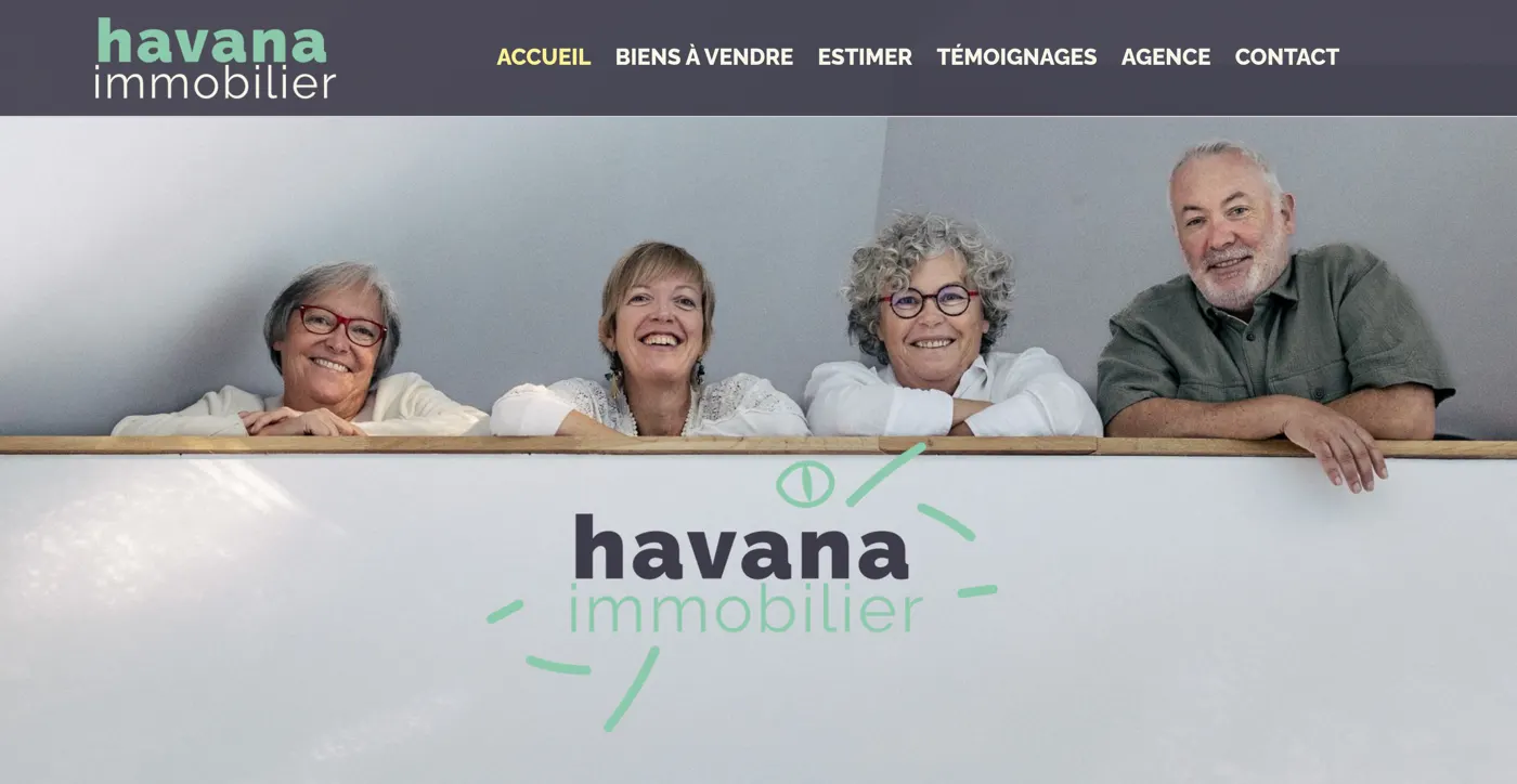 Page d'accueil du site Havana Immobilier, avec l'équipe de l'agence au-dessus du logo