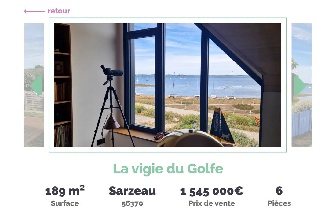 Haut de la fiche d'un bien : un diaporama de photos, le nom du bien, puis la surface, la ville, le prix et le nombre de pièces.