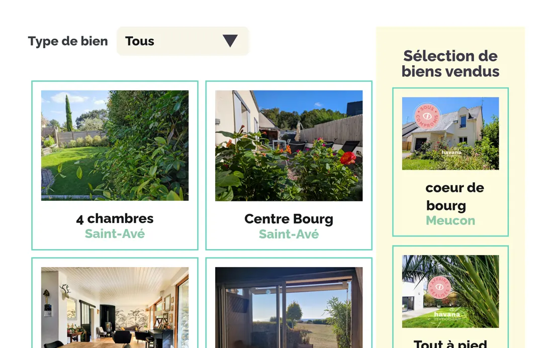 La page Biens à vendre : un filtre par type de bien, les annonces en vignettes et, à droite, une sélection de biens vendus.