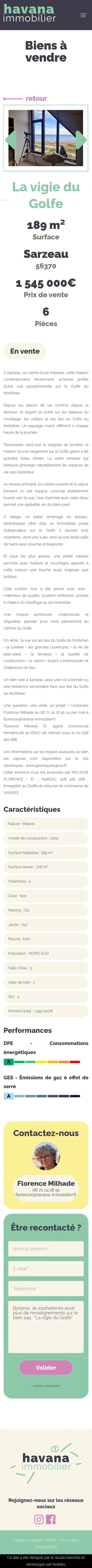 Fiche complète d'un bien sur téléphone : photos, chiffres clés, description, contact du négociateur, formulaire, caractéristiques et diagnostic énergétique