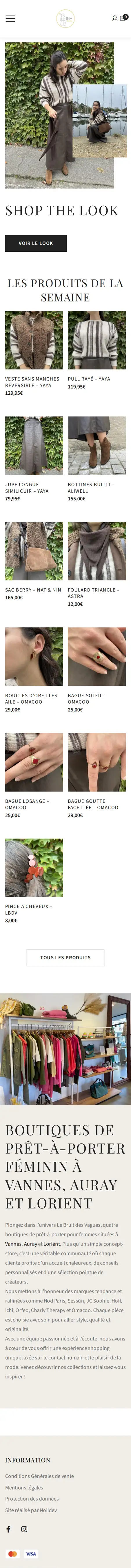 Page d'accueil complète du site Le Bruit des Vagues sur téléphone : le look de la semaine, les produits de la semaine et la présentation des boutiques