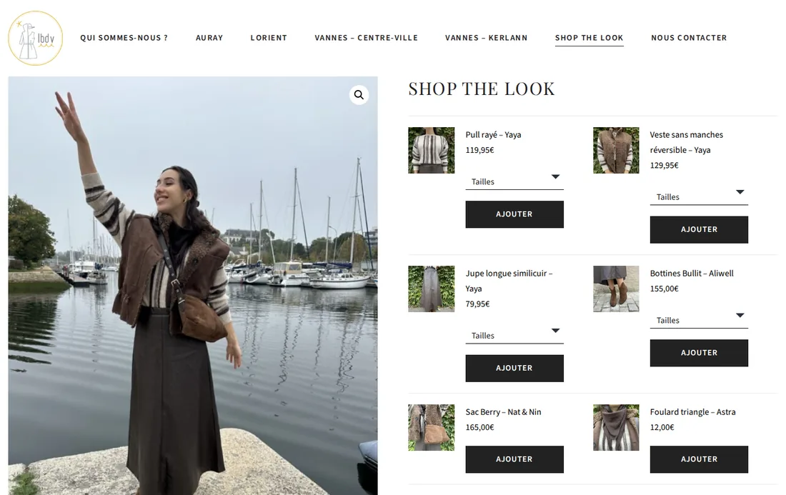 La page du look de la semaine : chaque pièce s'ajoute au panier avec sa taille.