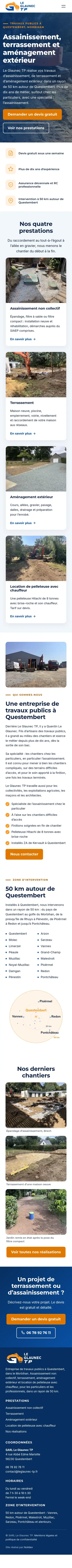 Page d'accueil complète du site Le Glaunec TP sur téléphone, avec l'en-tête toujours visible en haut et la barre d'appel et de devis en bas