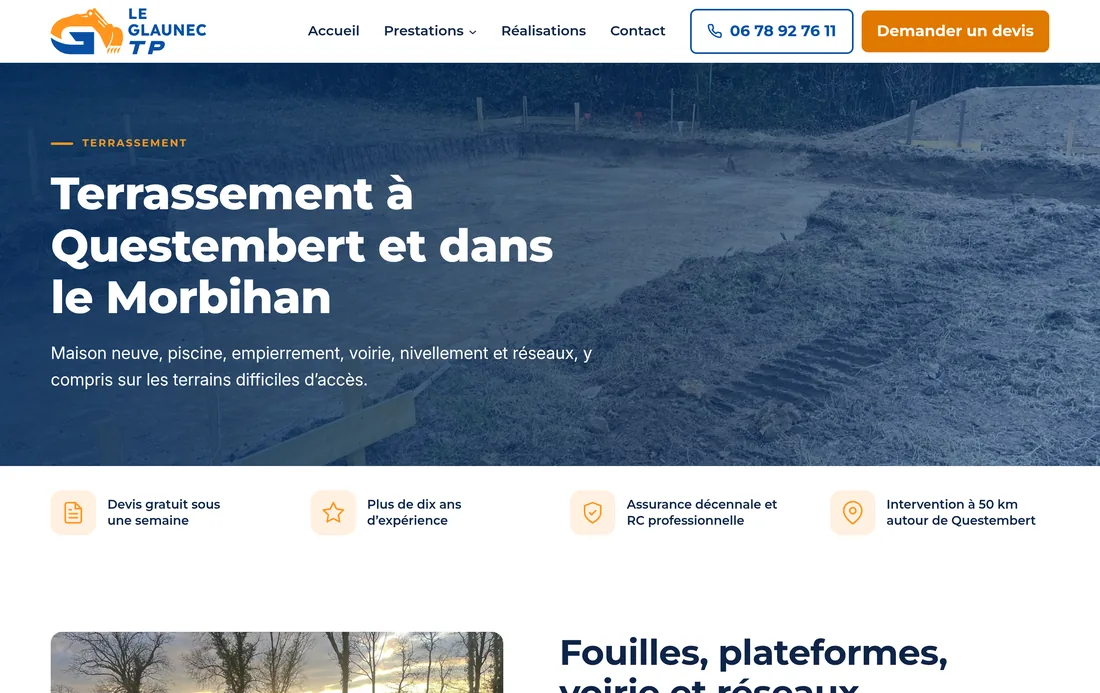 Une page par métier, ici le terrassement, avec ses arguments dès le haut de la page.