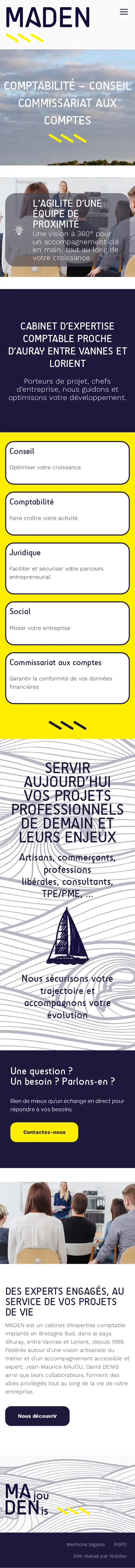 Page d'accueil complète du site Maden sur téléphone : les métiers du cabinet, l'invitation à prendre contact et la présentation du cabinet