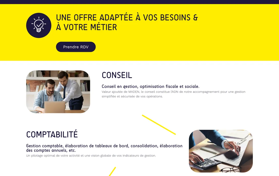 La page Notre offre : un bloc par métier, avec sa photo.