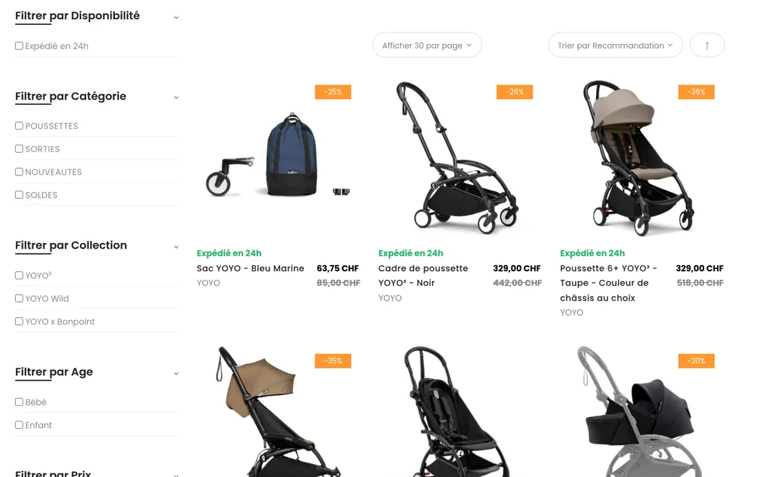 Page d'une marque : un filtre Expédié en 24h en haut des filtres, et la mention Expédié en 24h en vert sous chaque produit disponible.