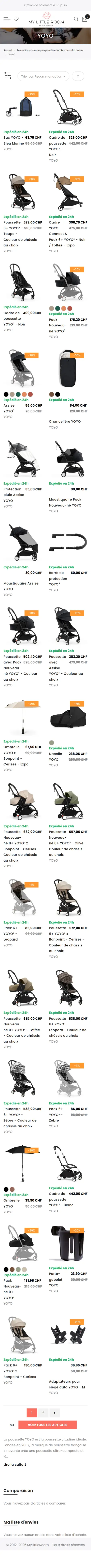 Page complète de la marque YOYO sur téléphone : les produits deux par deux, chacun avec son prix et la mention Expédié en 24h