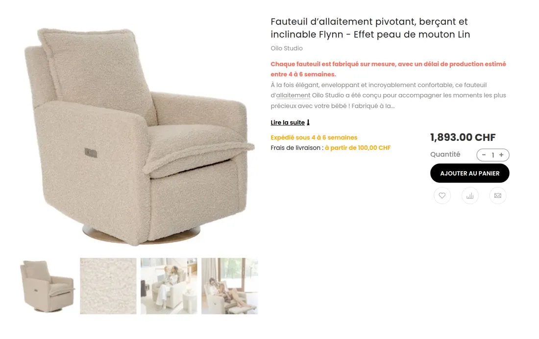 Fiche d'un fauteuil, avec la mention Expédié sous 4 à 6 semaines à côté du prix.