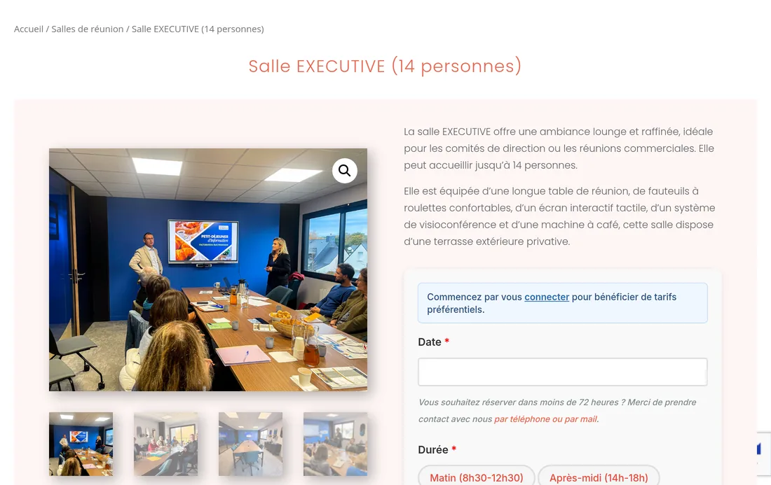La fiche d'une salle, avec ses photos, sa description et le formulaire de réservation.