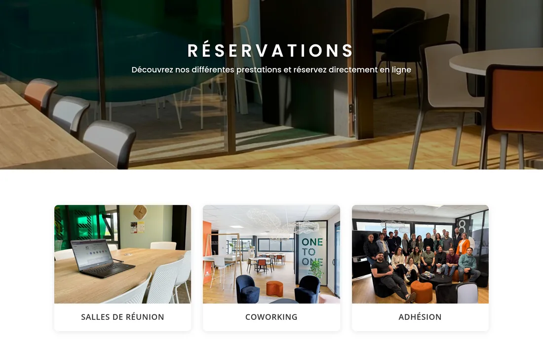 La page Réservations : salles de réunion, coworking et adhésion.