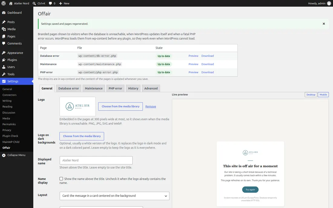 Les réglages d'Offair dans l'administration de WordPress, avec l'aperçu en direct de la page d'erreur.