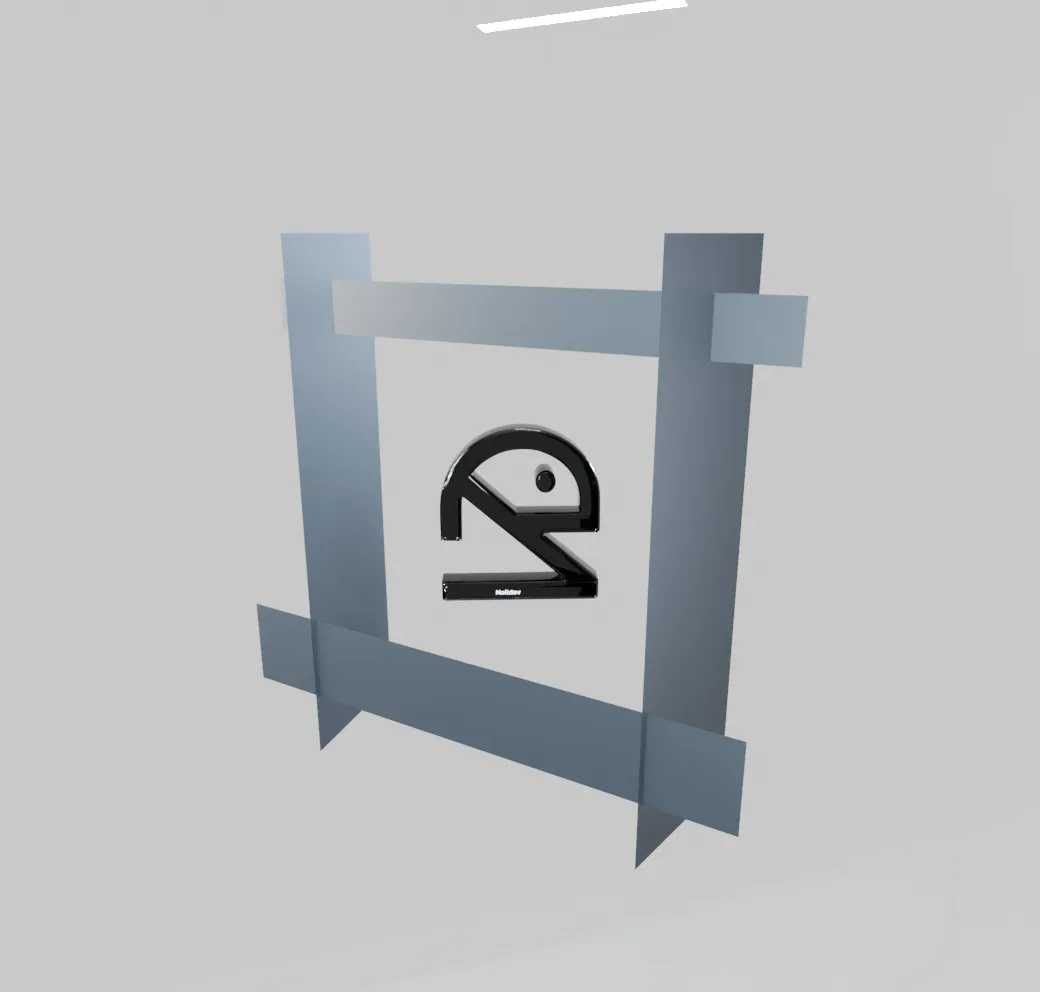 La scène Blender vue de loin : le logo en verre noir entouré de quatre cartons sombres, avec les fines boîtes à lumière au-dessus.
