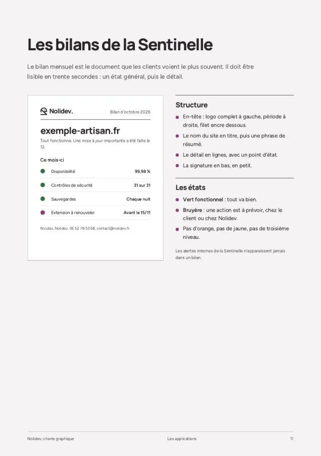 Page de la charte graphique de Nolidev : les bilans mensuels.