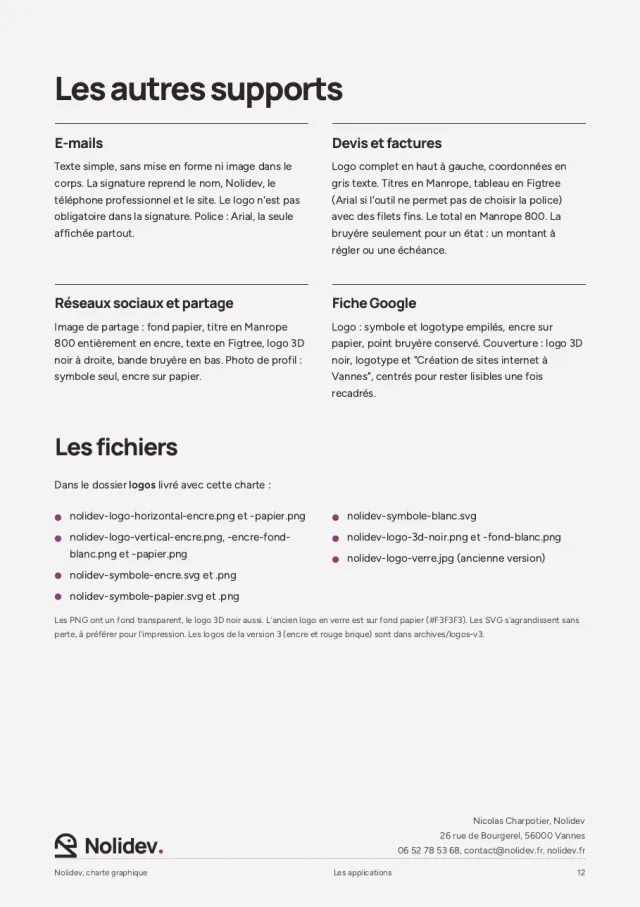 Page de la charte graphique de Nolidev : les autres supports.