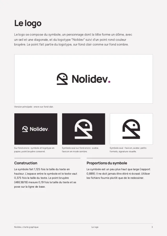 Page de la charte graphique de Nolidev : le logo et ses versions.