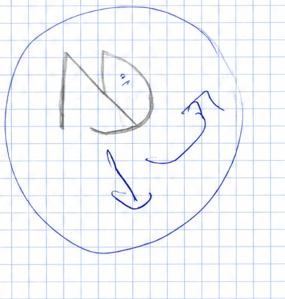 La piste retenue, entourée au stylo bleu : un N et un D qui partagent la même diagonale, et deux flèches qui indiquent une rotation.