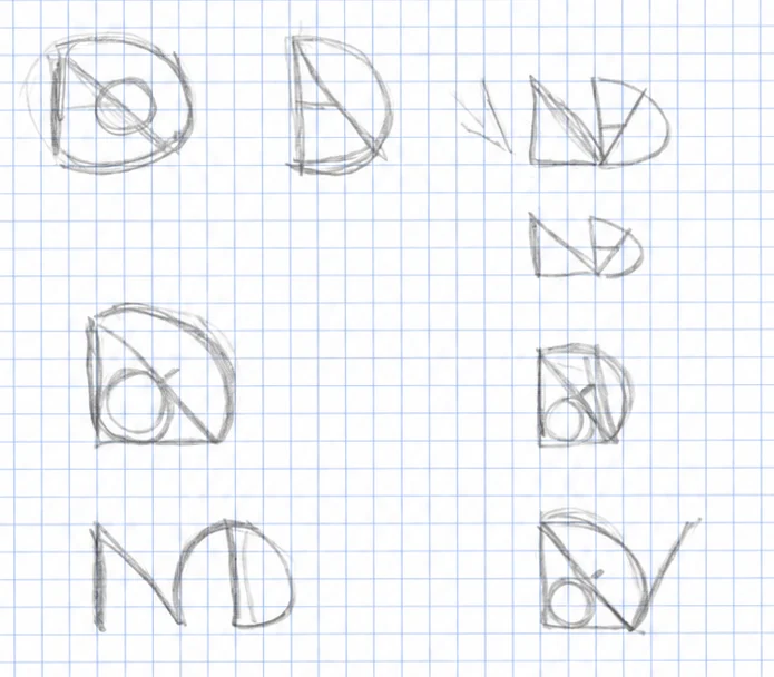 Des croquis au crayon sur papier quadrillé : plusieurs façons de mêler un N et un D.