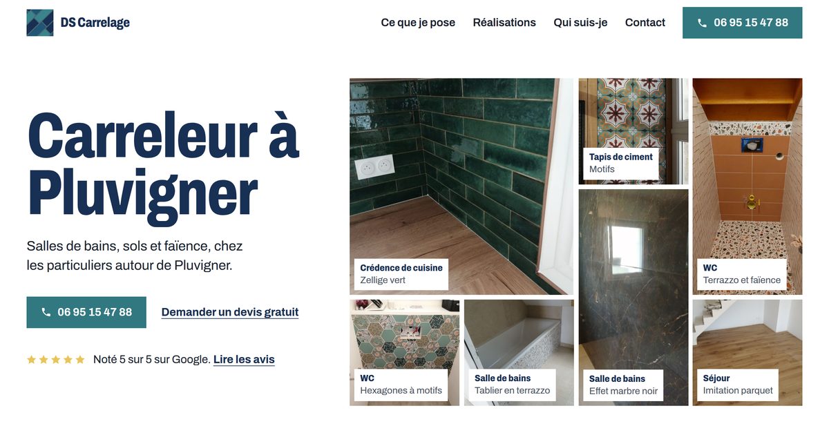 Le site de DS Carrelage, avec ses photos de chantiers posées comme des carreaux.