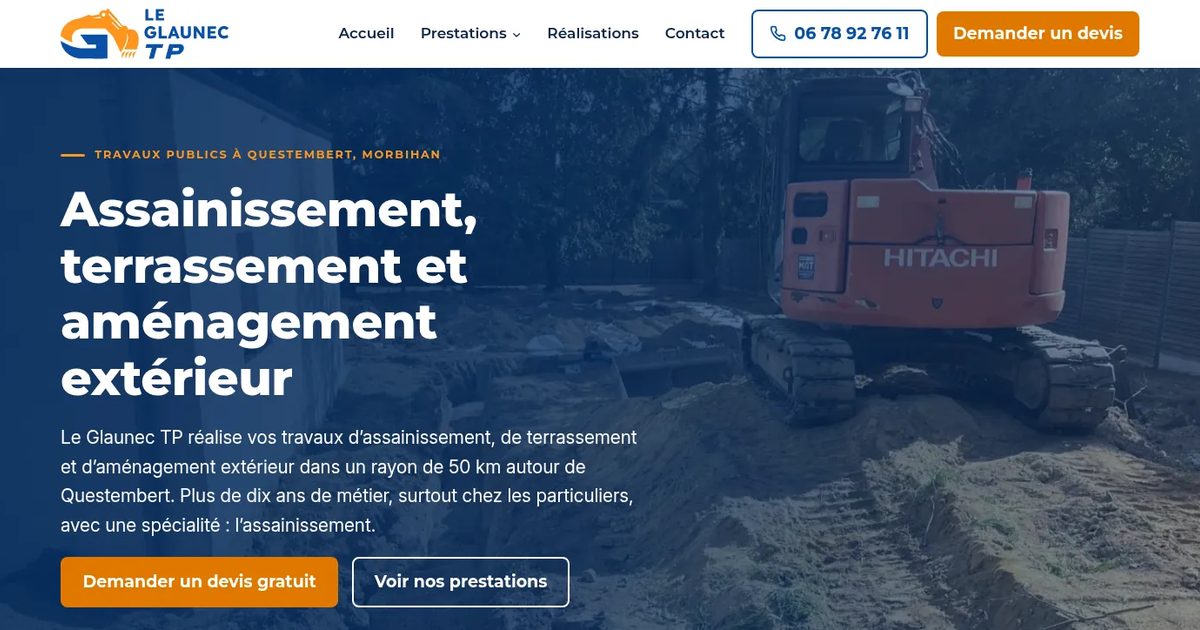 Le site de Le Glaunec TP, aux couleurs orange et bleue de son logo.